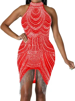 Sexy Dress for Women Party Club Night Stretchy Sheer Mesh Sparkly Rhinestone Mini Bodycon Vesitdos