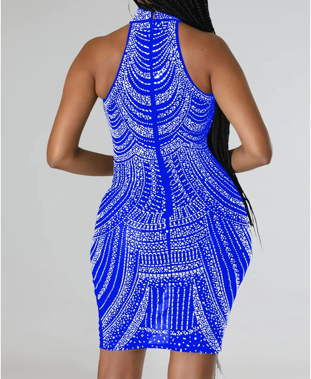 Sexy Dress for Women Party Club Night Stretchy Sheer Mesh Sparkly Rhinestone Mini Bodycon Vesitdos