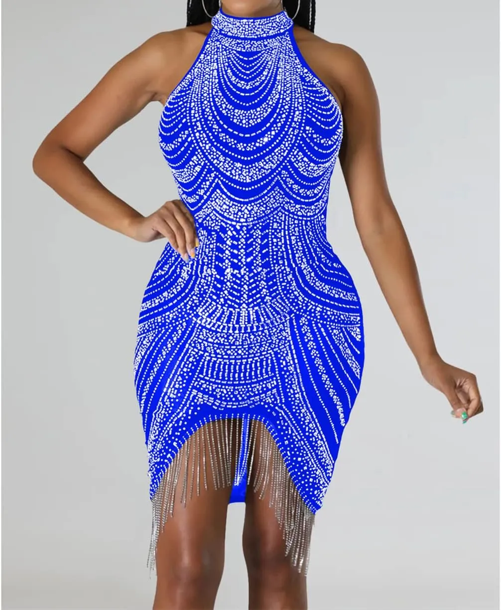 Sexy Dress for Women Party Club Night Stretchy Sheer Mesh Sparkly Rhinestone Mini Bodycon Vesitdos
