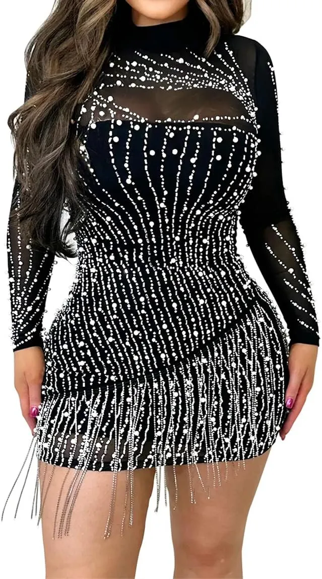 Sexy Dress for Women Party Club Night Stretchy Sheer Mesh Sparkly Rhinestone Mini Bodycon Vesitdos