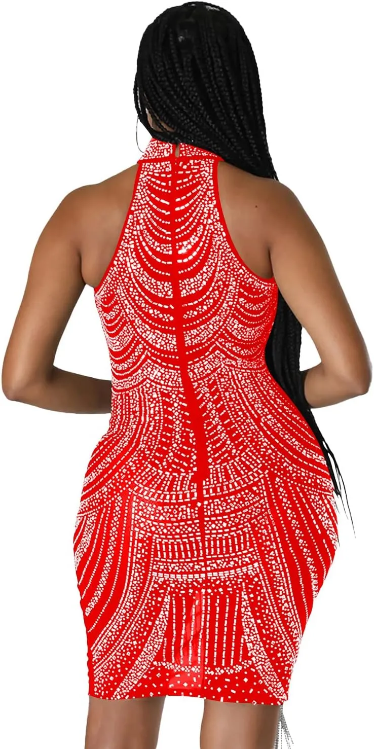 Sexy Dress for Women Party Club Night Stretchy Sheer Mesh Sparkly Rhinestone Mini Bodycon Vesitdos