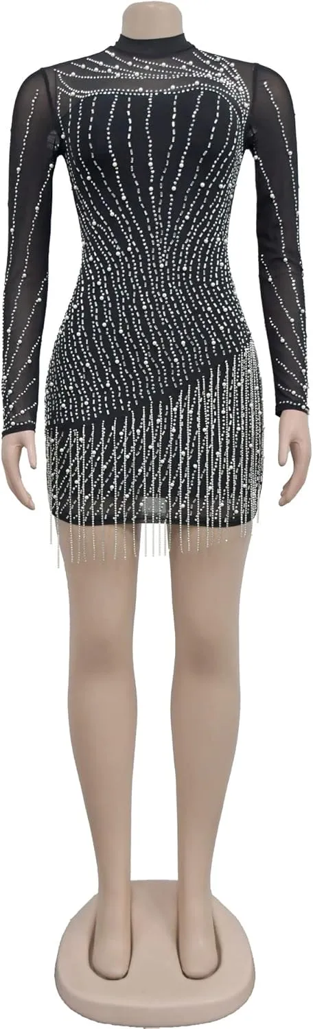 Sexy Dress for Women Party Club Night Stretchy Sheer Mesh Sparkly Rhinestone Mini Bodycon Vesitdos