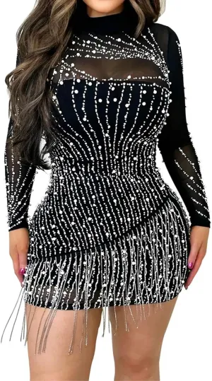 Sexy Dress for Women Party Club Night Stretchy Sheer Mesh Sparkly Rhinestone Mini Bodycon Vesitdos