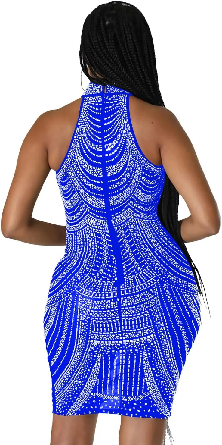 Sexy Dress for Women Party Club Night Stretchy Sheer Mesh Sparkly Rhinestone Mini Bodycon Vesitdos