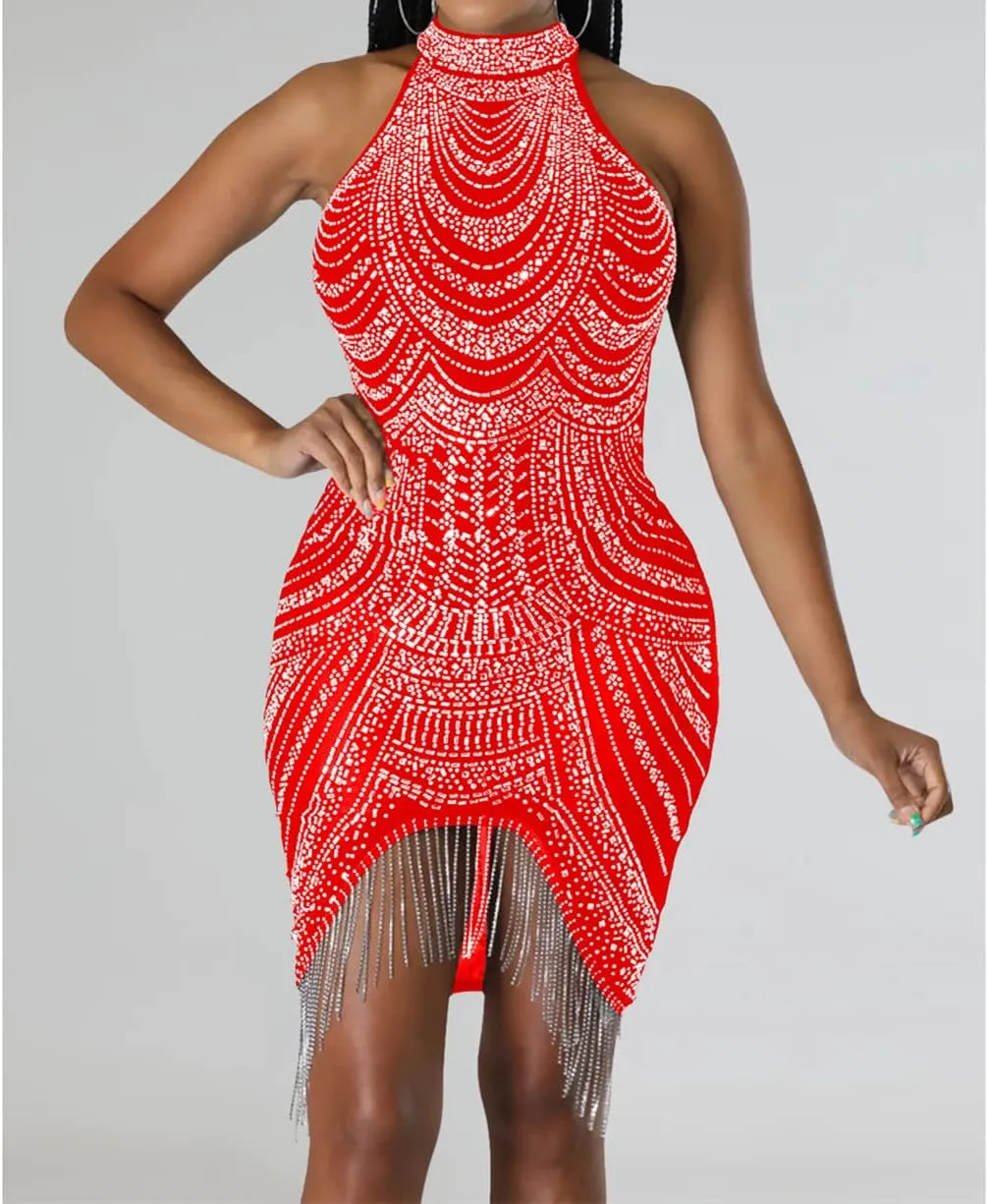 Sexy Dress for Women Party Club Night Stretchy Sheer Mesh Sparkly Rhinestone Mini Bodycon Vesitdos