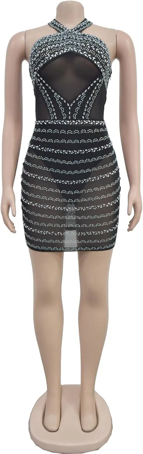 Sexy Dresses for Women Party Club Night Halter Mesh Sparkly Rhinestone Mini Bodycon Vesitdos