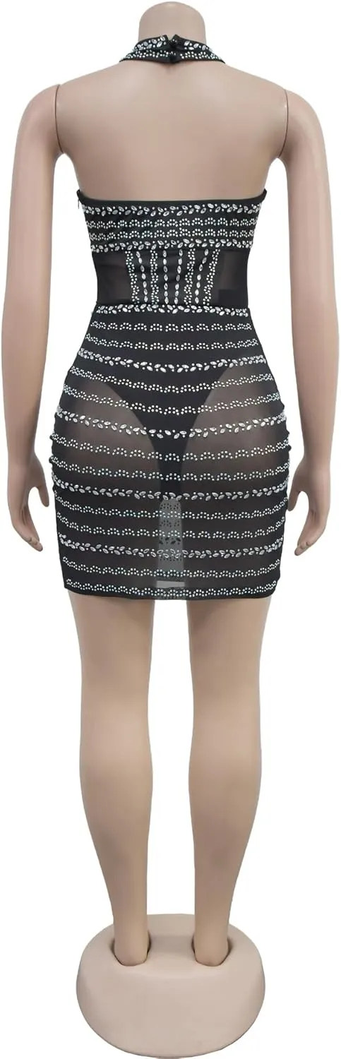 Sexy Dresses for Women Party Club Night Halter Mesh Sparkly Rhinestone Mini Bodycon Vesitdos