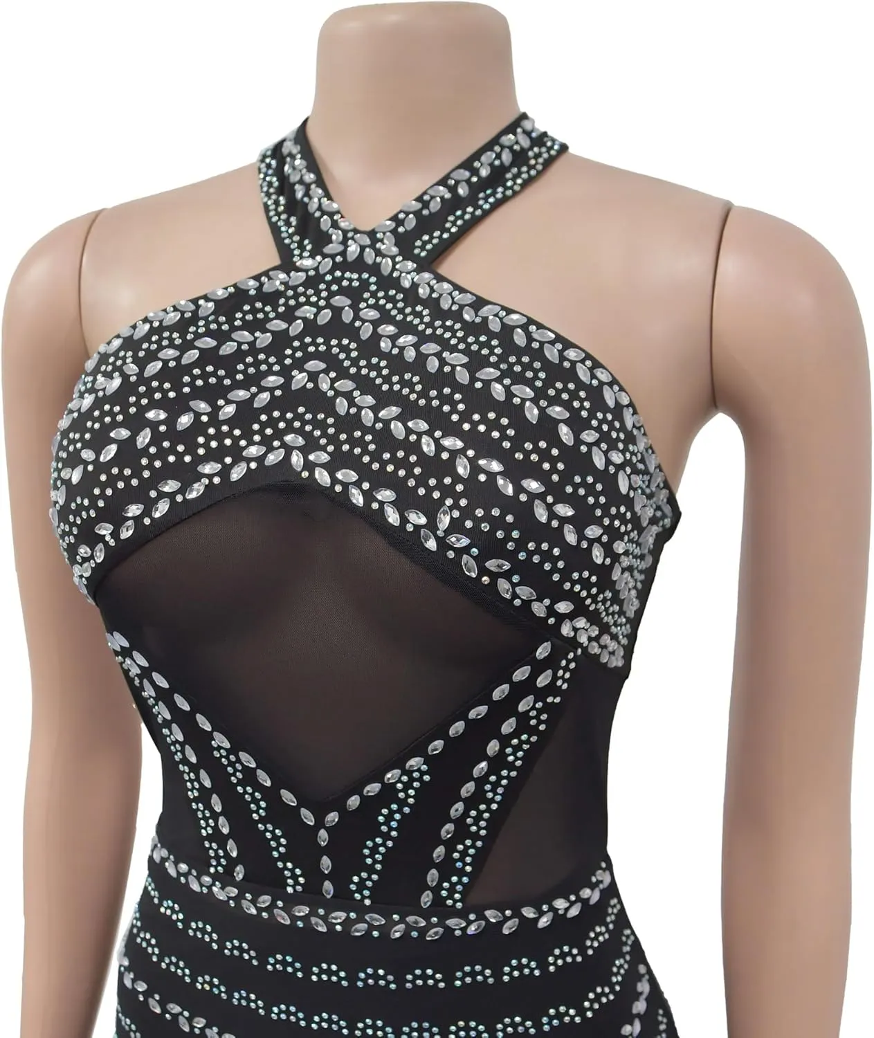 Sexy Dresses for Women Party Club Night Halter Mesh Sparkly Rhinestone Mini Bodycon Vesitdos