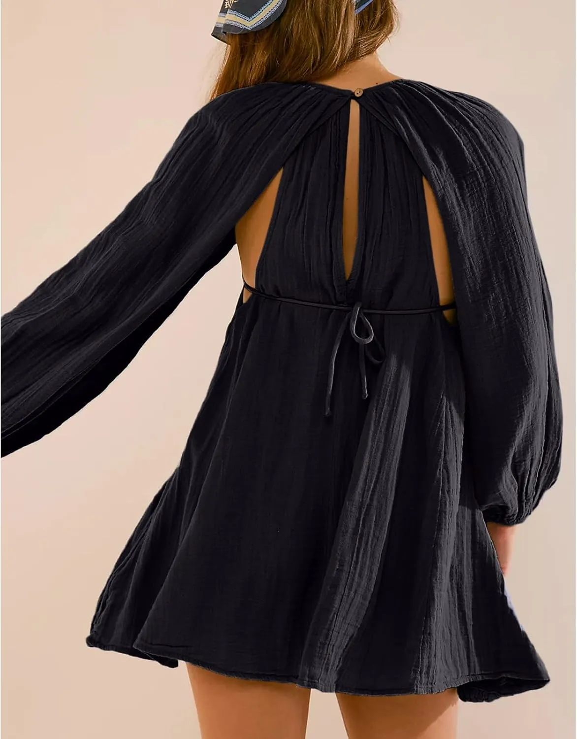 Shiyifa Women's Summer Mini Dress Casual Square Neck Long Sleeves Loose Sundress with Pockets