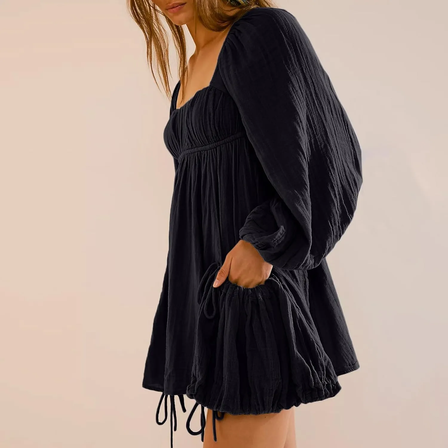 Shiyifa Women's Summer Mini Dress Casual Square Neck Long Sleeves Loose Sundress with Pockets