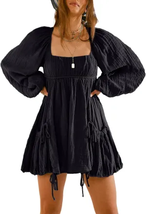 Shiyifa Women's Summer Mini Dress Casual Square Neck Long Sleeves Loose Sundress with Pockets