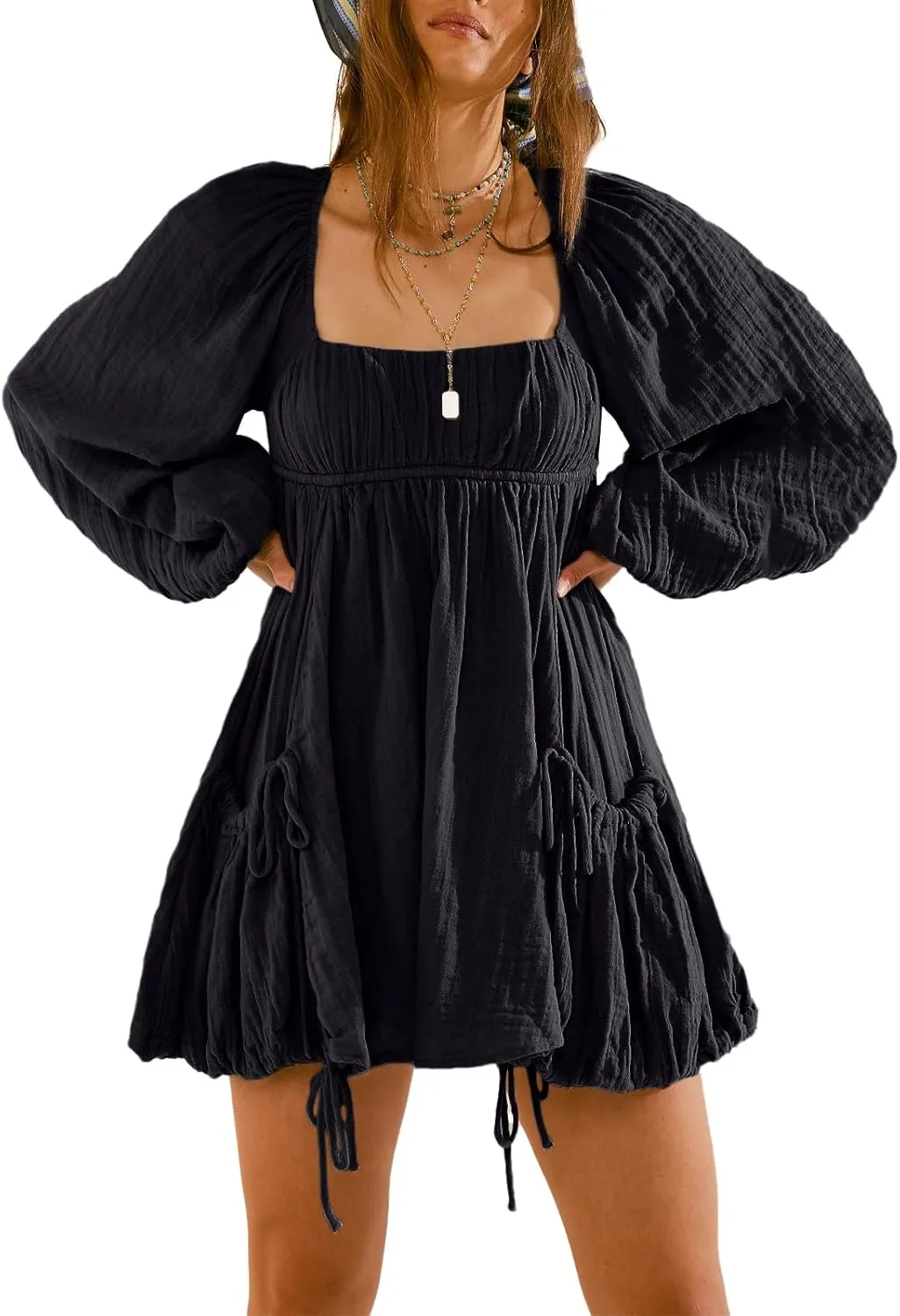 Shiyifa Women's Summer Mini Dress Casual Square Neck Long Sleeves Loose Sundress with Pockets