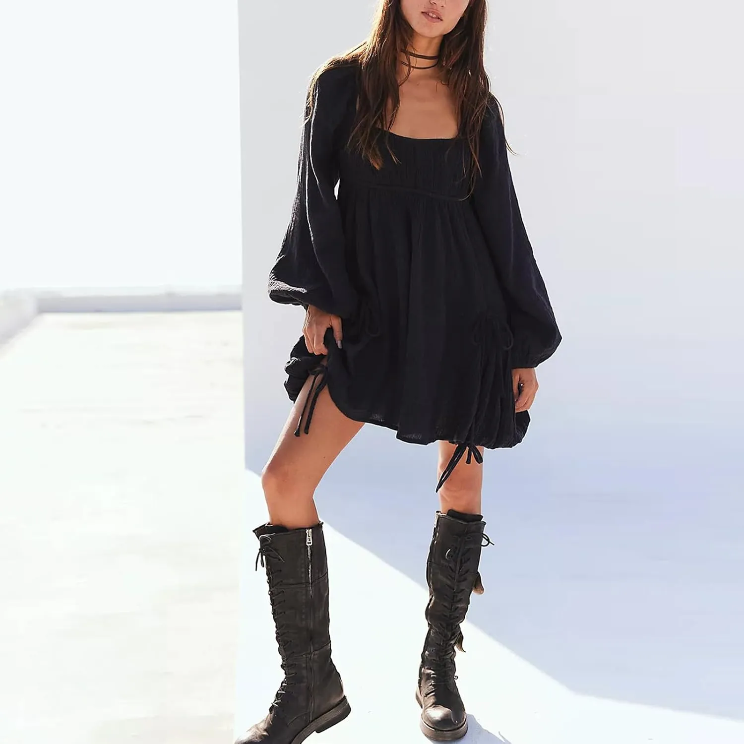 Shiyifa Women's Summer Mini Dress Casual Square Neck Long Sleeves Loose Sundress with Pockets
