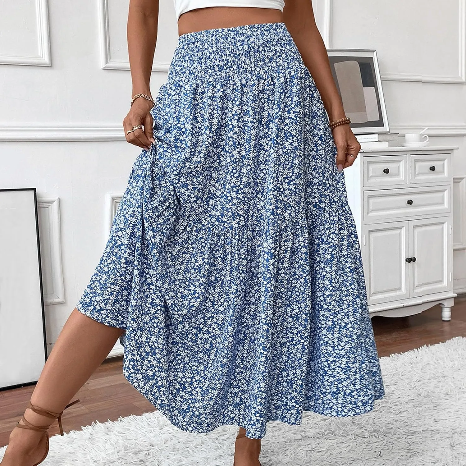 Skirts for Women Summer Comfy High Elastic Waist Maxi Skirt Casual Trendy Flowy Ruffle Printed A Line Boho Cute Skirts