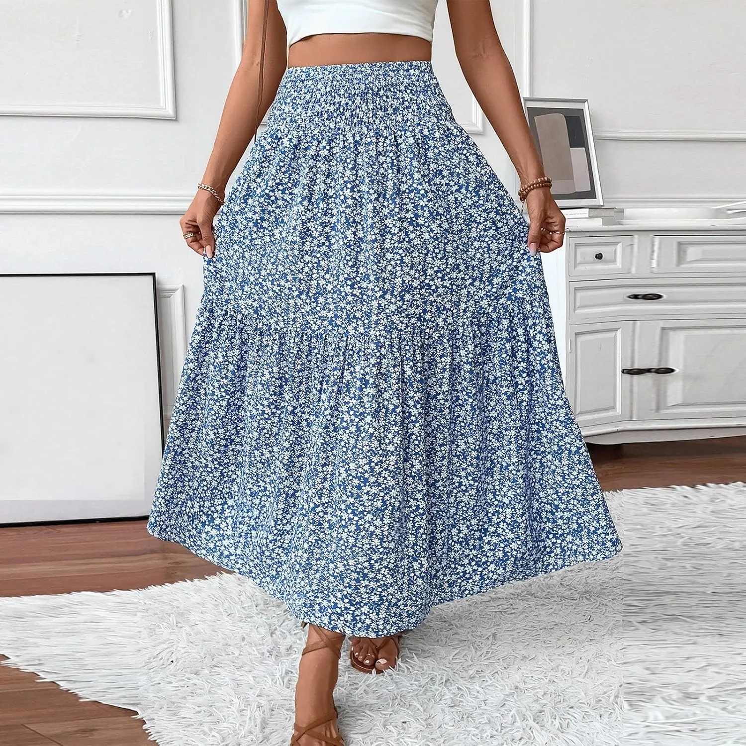 Skirts for Women Summer Comfy High Elastic Waist Maxi Skirt Casual Trendy Flowy Ruffle Printed A Line Boho Cute Skirts