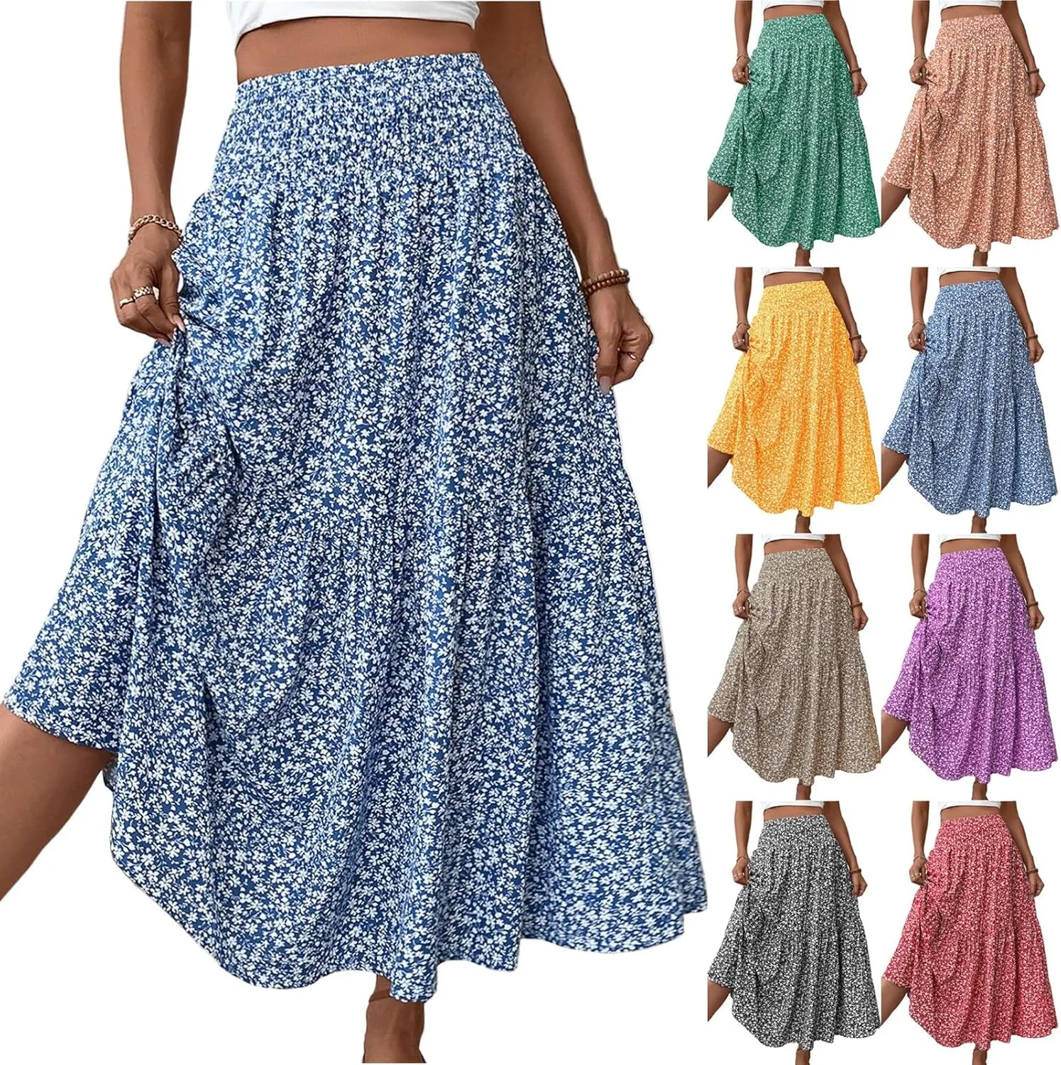 Skirts for Women Summer Comfy High Elastic Waist Maxi Skirt Casual Trendy Flowy Ruffle Printed A Line Boho Cute Skirts