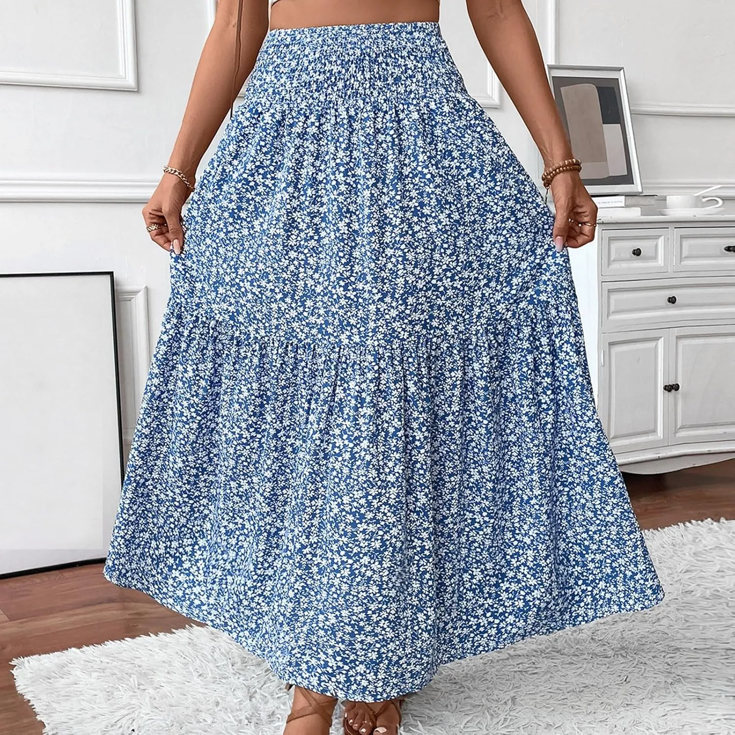 Skirts for Women Summer Comfy High Elastic Waist Maxi Skirt Casual Trendy Flowy Ruffle Printed A Line Boho Cute Skirts