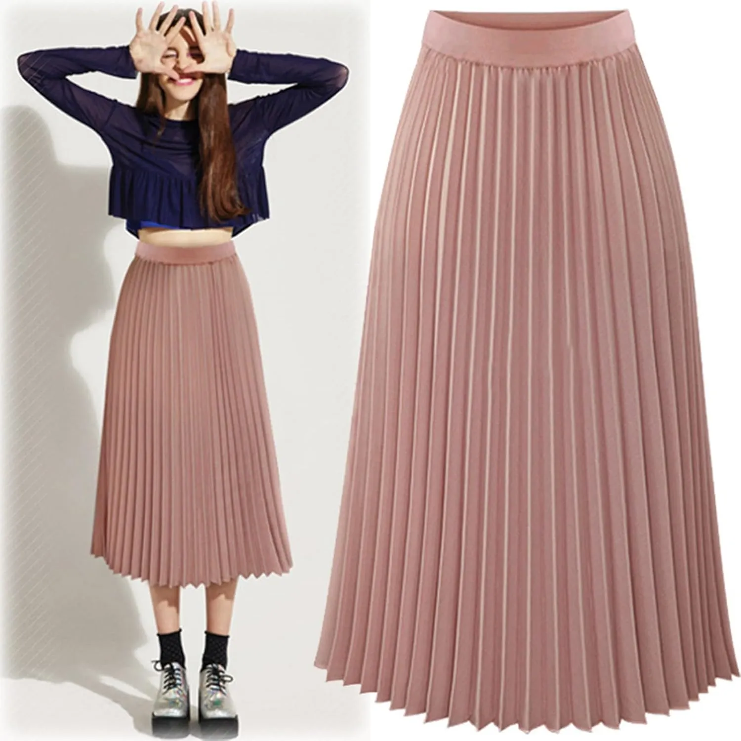 Skirts for Women Womens Solid Pleated Elegant Midi Elastic Waist Maxi Skirt