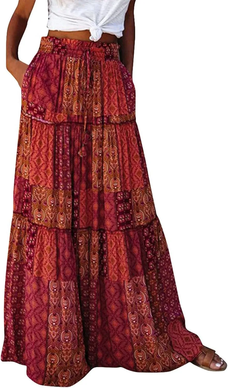 Skirts for Women,Flowy Long Skirts 2025 Pleated Womens Boho Maxi Skirt with Pockets Elastic High Waisted Summer