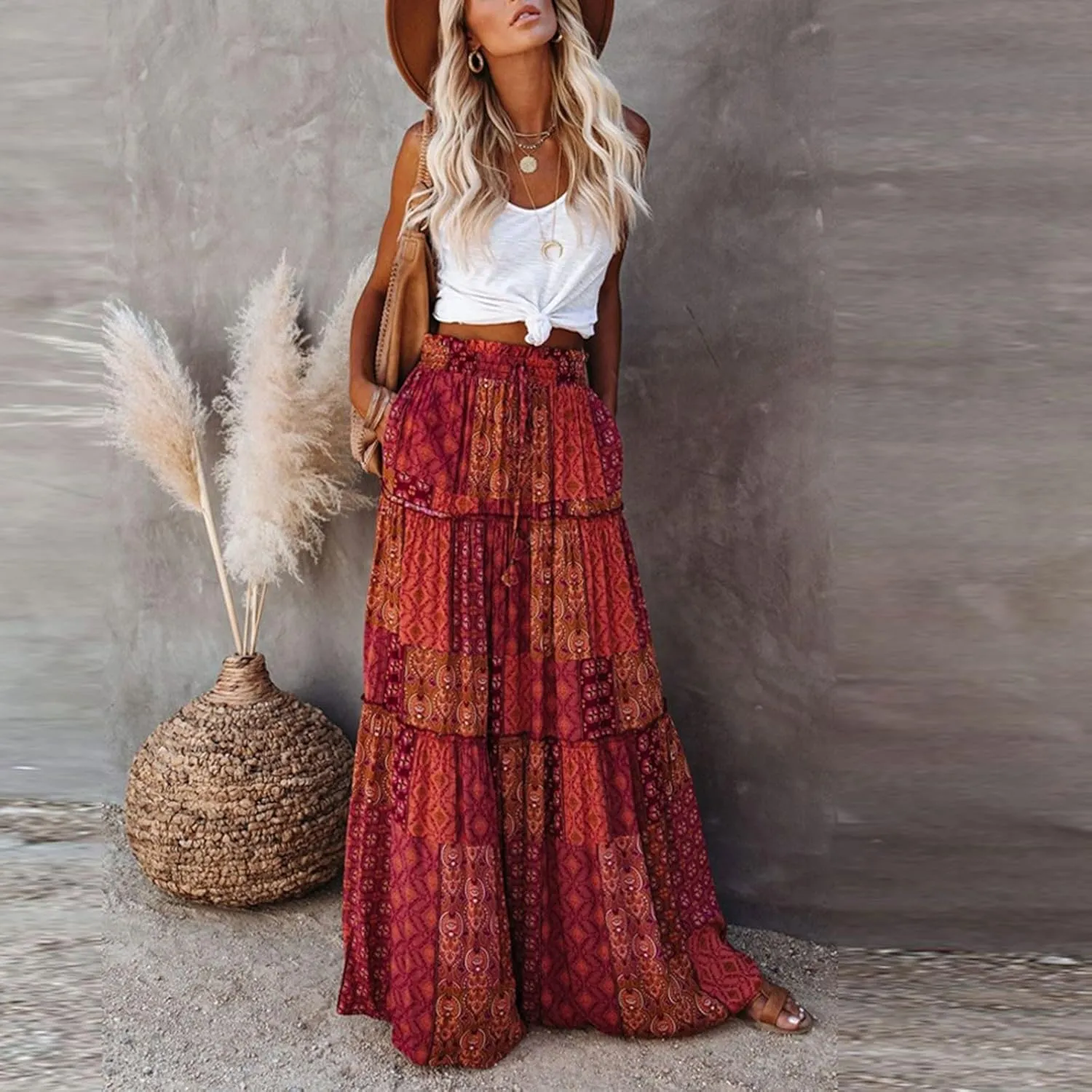 Skirts for Women,Flowy Long Skirts 2025 Pleated Womens Boho Maxi Skirt with Pockets Elastic High Waisted Summer