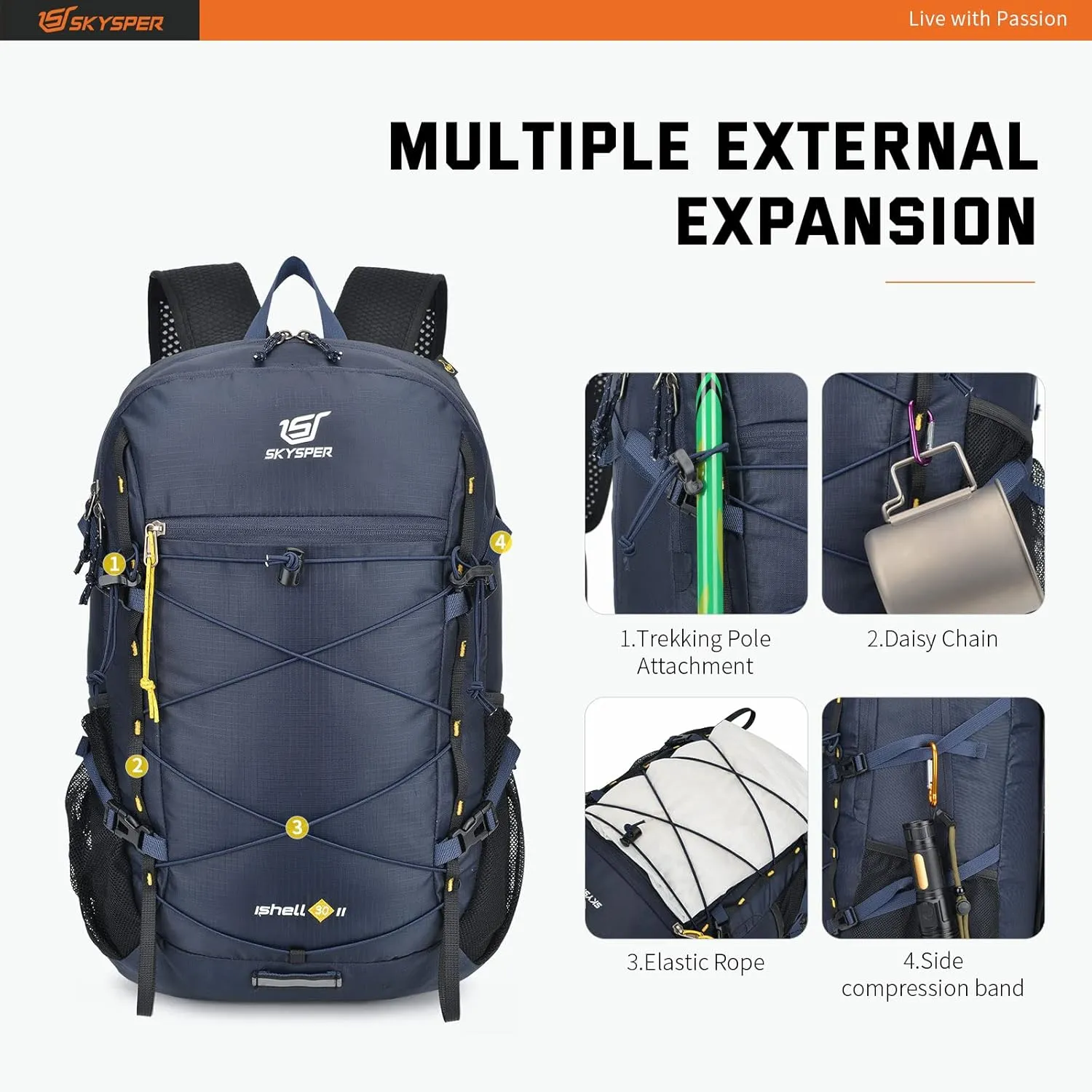 SKYSPER Packable Hiking Backpack 30L Lightweight Daypack Travel Backpacks for Women MenBlue