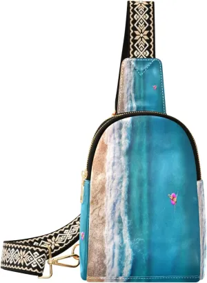 Small Sling Bag Waist Packs Leather Crossbody Packs Chest Bag Beach Beautiful Bule Waves for Women Travel Belt Purse