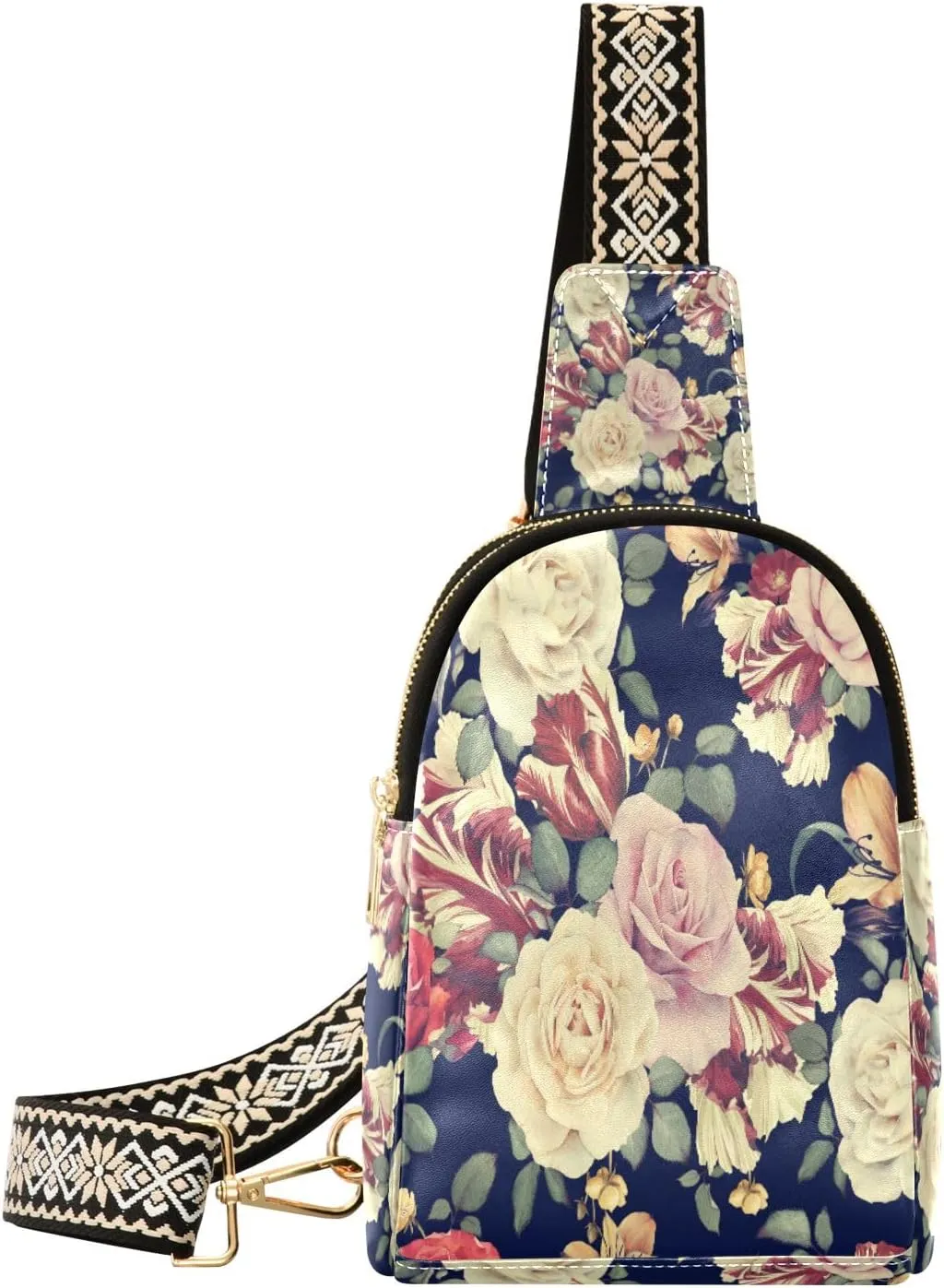 Small Sling Bag Waist Packs Leather Crossbody Packs Chest Bag Colorful Rose for Women Travel Belt Purse