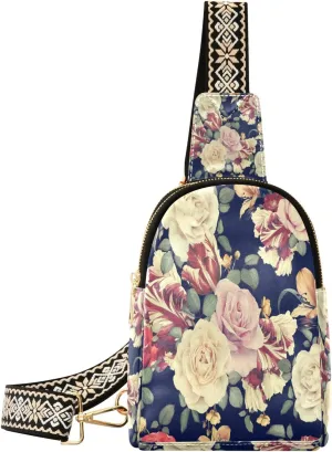 Small Sling Bag Waist Packs Leather Crossbody Packs Chest Bag Colorful Rose for Women Travel Belt Purse
