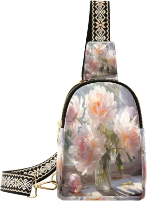 Small Sling Bag Waist Packs Leather Crossbody Packs Chest Bag Cute Flower in Vase for Women Travel Belt Purse