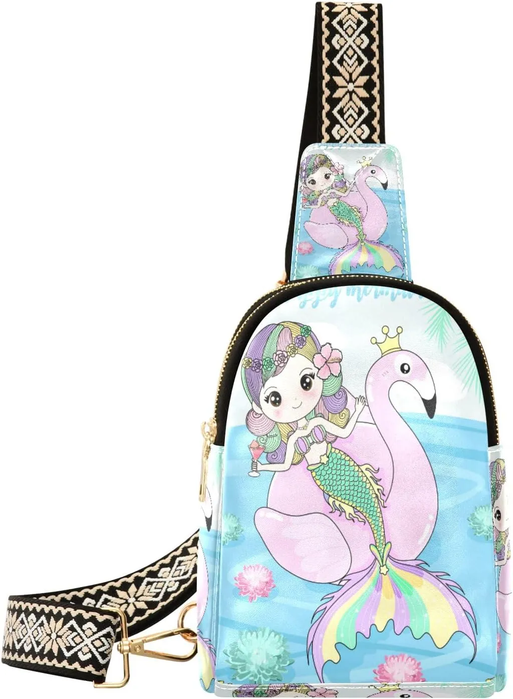 Small Sling Bag Waist Packs Leather Crossbody Packs Chest Bag Flamingos Mermaid for Women Travel Belt Purse