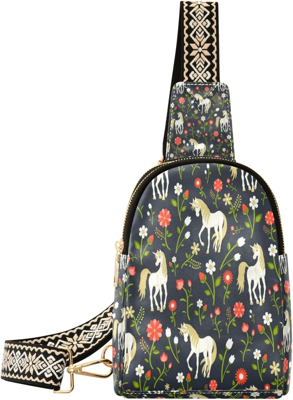 Small Sling Bag Waist Packs Leather Crossbody Packs Chest Bag Flower Unicorn for Women Travel Belt Purse
