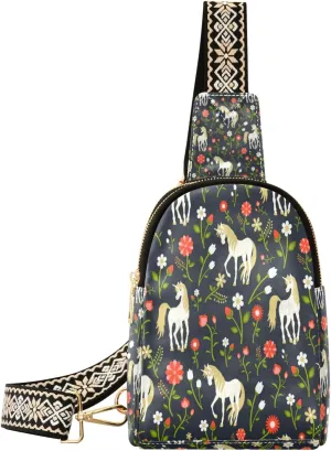 Small Sling Bag Waist Packs Leather Crossbody Packs Chest Bag Flower Unicorn for Women Travel Belt Purse