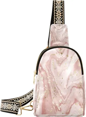 Small Sling Bag Waist Packs Leather Crossbody Packs Chest Bag Pink Gold Leaf Marble for Women Travel Belt Purse
