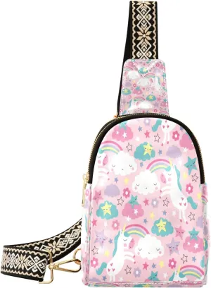 Small Sling Bag Waist Packs Leather Crossbody Packs Chest Bag Rainbow White Unicorn for Women Travel Belt Purse