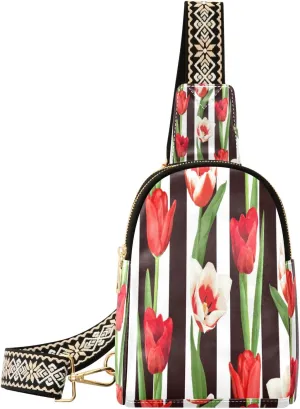 Small Sling Bag Waist Packs Leather Crossbody Packs Chest Bag Red and White Tulips for Women Travel Belt Purse