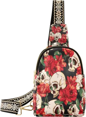 Small Sling Bag Waist Packs Leather Crossbody Packs Chest Bag Red Flower Skull for Women Travel Belt Purse