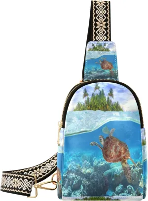 Small Sling Bag Waist Packs Leather Crossbody Packs Chest Bag Sea Turtle for Women Travel Belt Purse