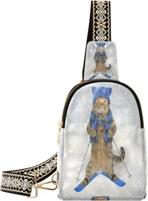 Small Sling Bag Waist Packs Leather Crossbody Packs Chest Bag Ski Cat for Women Travel Belt Purse