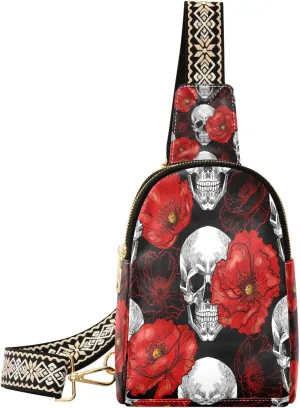 Small Sling Bag Waist Packs Leather Crossbody Packs Chest Bag Skull Red Poppy Flower Floral for Women Travel Belt Purse