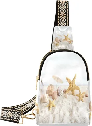 Small Sling Bag Waist Packs Leather Crossbody Packs Chest Bag Starfish and Seashells for Women Travel Belt Purse