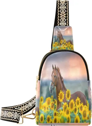 Small Sling Bag Waist Packs Leather Crossbody Packs Chest Bag Sunflower Horse for Women Travel Belt Purse