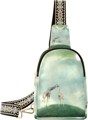 Small Sling Bag Waist Packs Leather Crossbody Packs Chest Bag Two Giraffes for Women Travel Belt Purse
