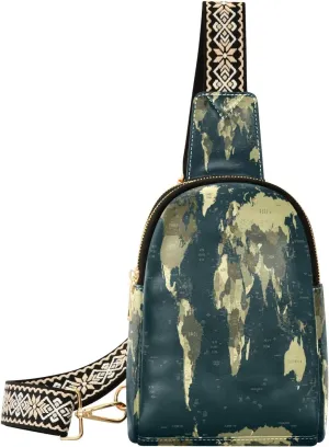 Small Sling Bag Waist Packs Leather Crossbody Packs Chest Bag World Map in Camouflage Colors for Women Travel Belt Purse