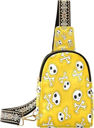 Small Sling Bag Waist Packs Leather Crossbody Packs Chest Bag Yellow Skull for Women Travel Belt Purse