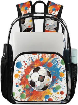 Soccer Heavy Duty Clear Backpack Watercolor Football Large See Through Backpacks PVC Transparent Backpack Clear Bag for Women Men Security Stadium Work Travel Events Concert