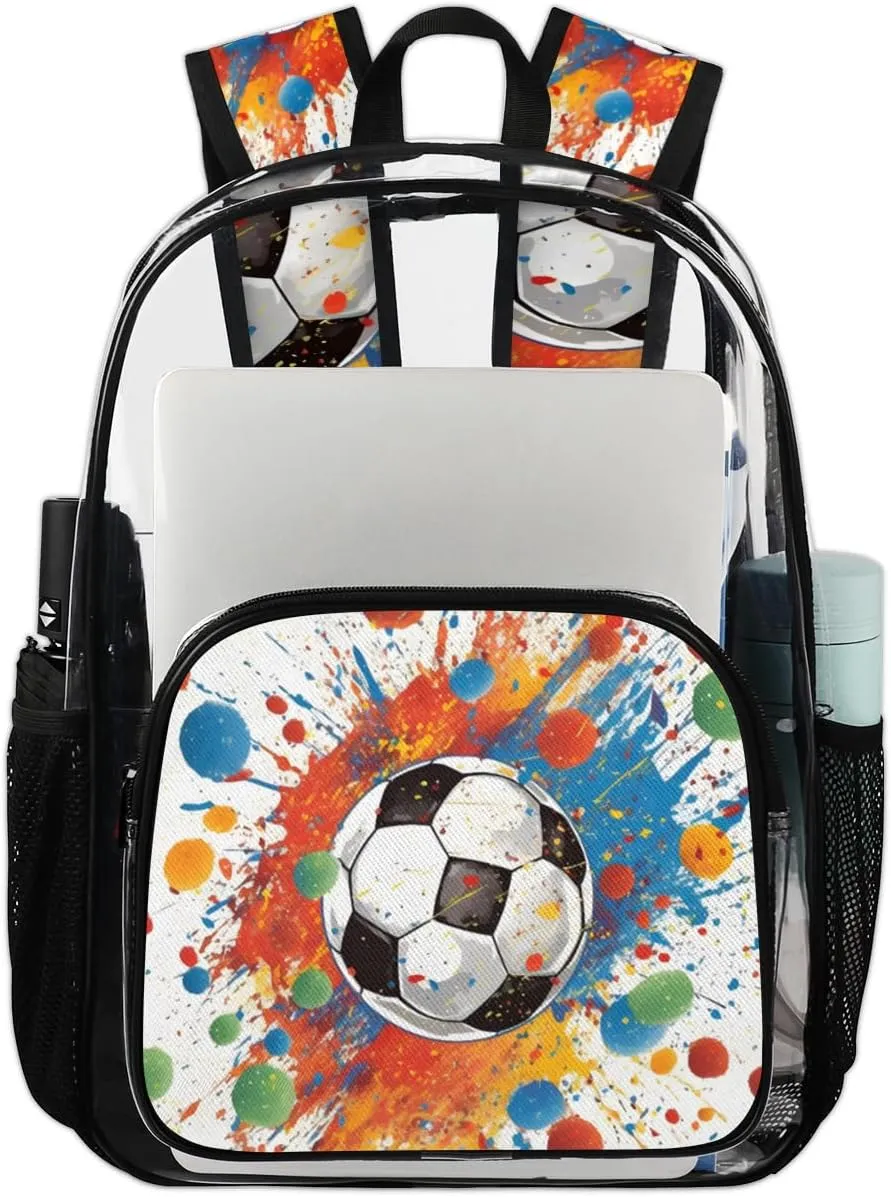 Soccer Heavy Duty Clear Backpack Watercolor Football Large See Through Backpacks PVC Transparent Backpack Clear Bag for Women Men Security Stadium Work Travel Events Concert