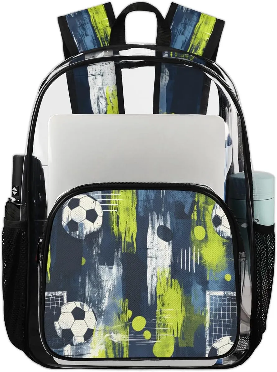 Soccer Heavy Duty Clear Backpack Watercolor Soccer Large See Through Backpacks PVC Transparent Backpack Clear Bag for Women Men Security Stadium Work Travel Events Concert