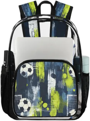 Soccer Heavy Duty Clear Backpack Watercolor Soccer Large See Through Backpacks PVC Transparent Backpack Clear Bag for Women Men Security Stadium Work Travel Events Concert