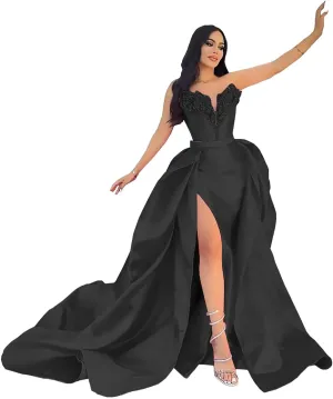 Strapless Satin Prom Dresses with Detachable Train Slit Formal Evening Party Gowns for Women