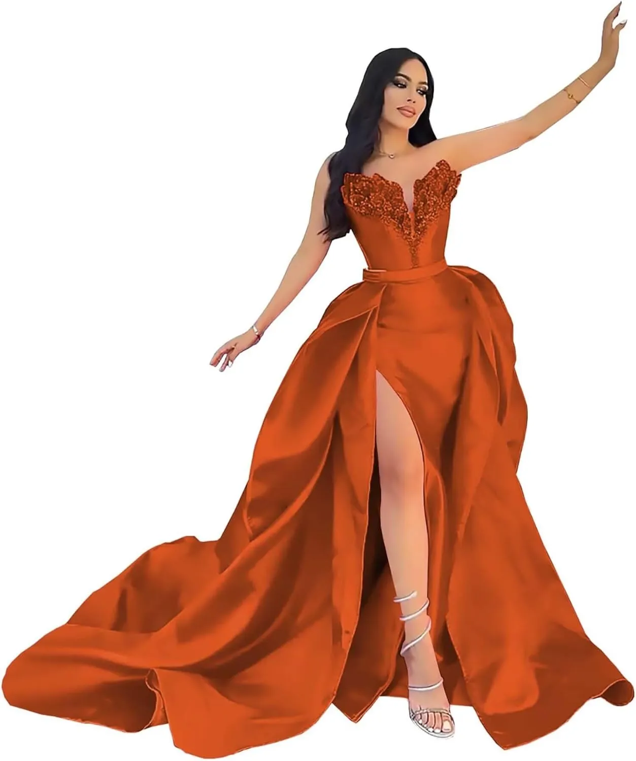 Strapless Satin Prom Dresses with Detachable Train Slit Formal Evening Party Gowns for Women